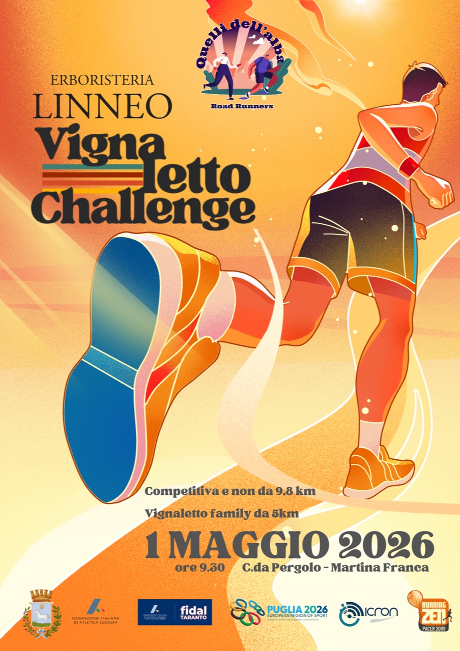 Locandina Vignaletto Challenge 2026: 1 maggio 2026 ore 9.30, C.da Pergolo – Martina Franca. Competitiva e non da 9,8 km, Vignaletto Family da 5 km